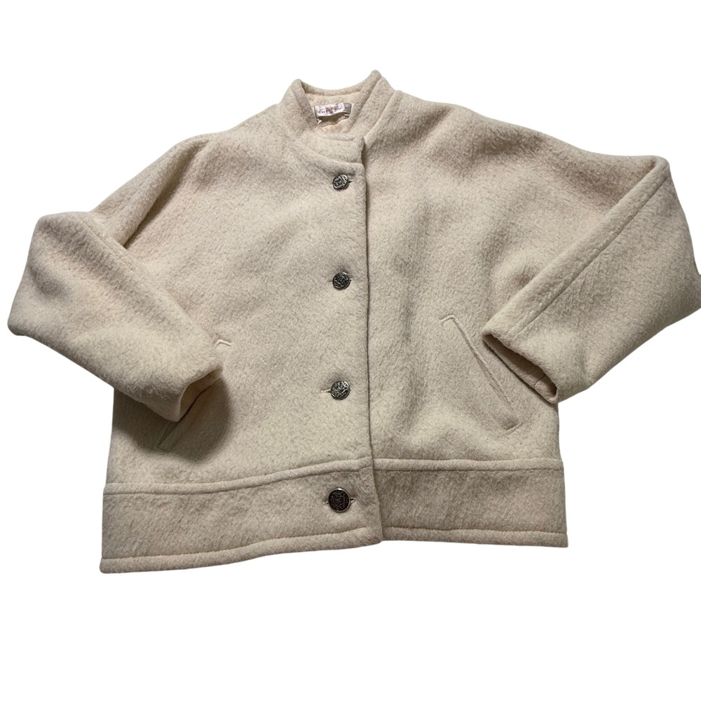 Valdecrafts Wool Jacket Women L Cream Vintage Handmade in VT Crest Button Boxy